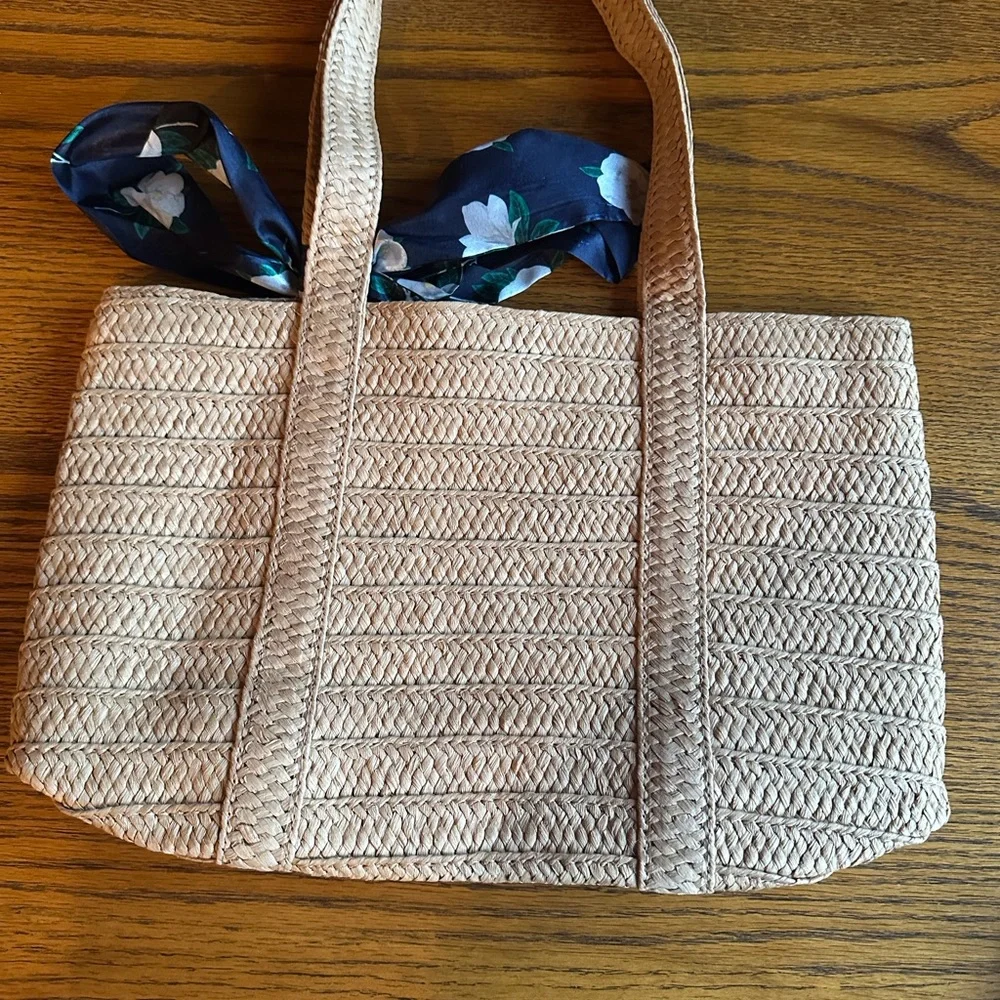 Draper James Tan Woven Tote with Navy Floral Scarf - Picture 3 of 6